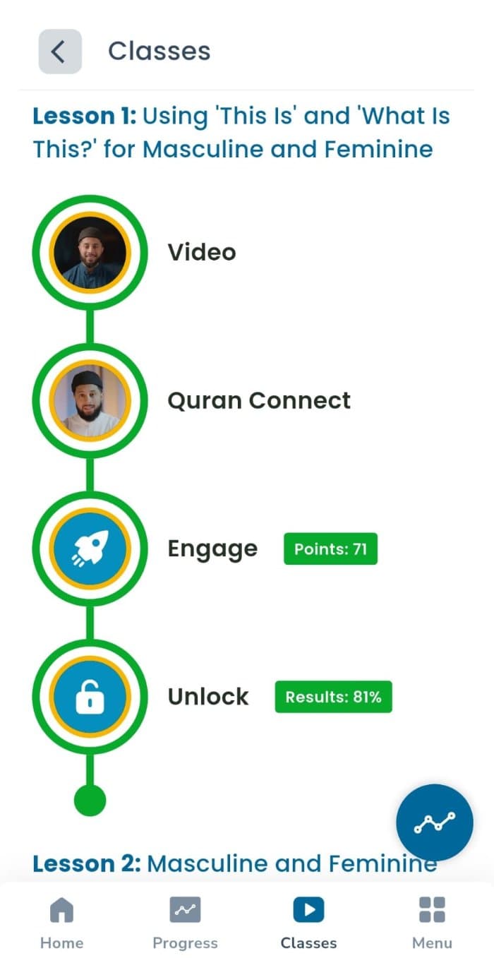 Path to Arabic app showing Lesson 1 with Video, Quran Connect, Engage and Unlock steps